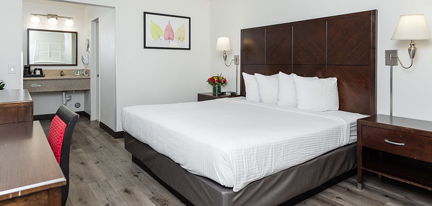 A standard hotel room with a king-sized bed, desk, and bathroom in view.