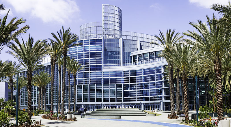 A large, modern building with a curved glass facade surrounded by palm trees and a concrete plaza.